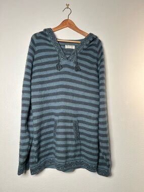 Peruvian Baby Alpaca Blue Striped Hooded Knit Pullover Sweater - no size (Large)
